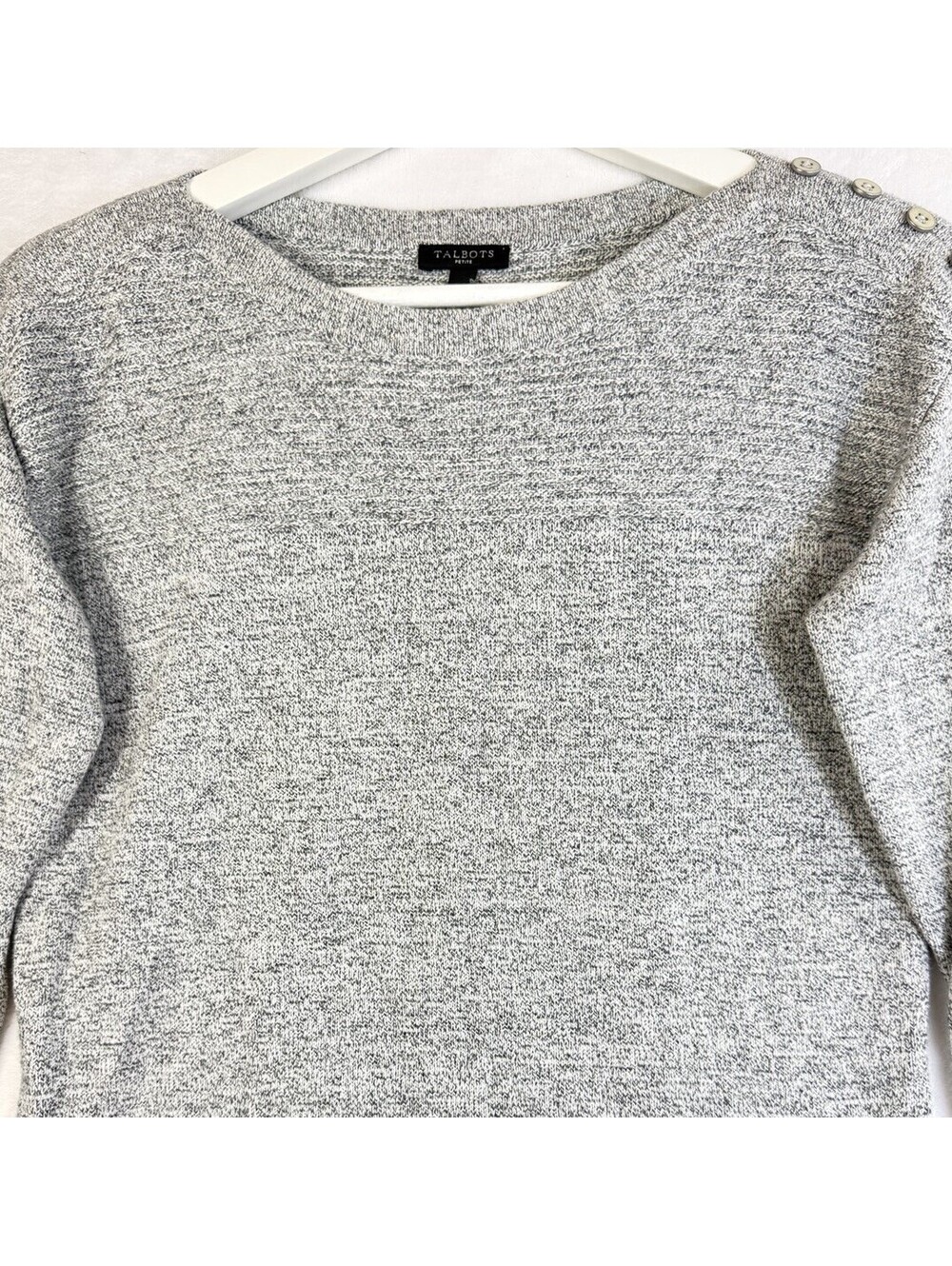 Talbots Sweater XS Petite P Gray Rib Knit Button Shoulder Long Sleeve Top Women